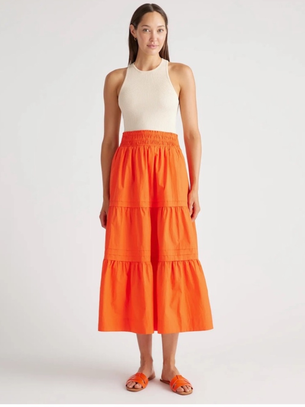 Quince 100% Organic Cotton Poplin Tiered Maxi Skirt – Vermillion Red – Size M